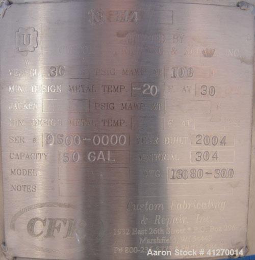 Used 50 Gallon Stainless Steel Custom Fabricators Pressure Tank
