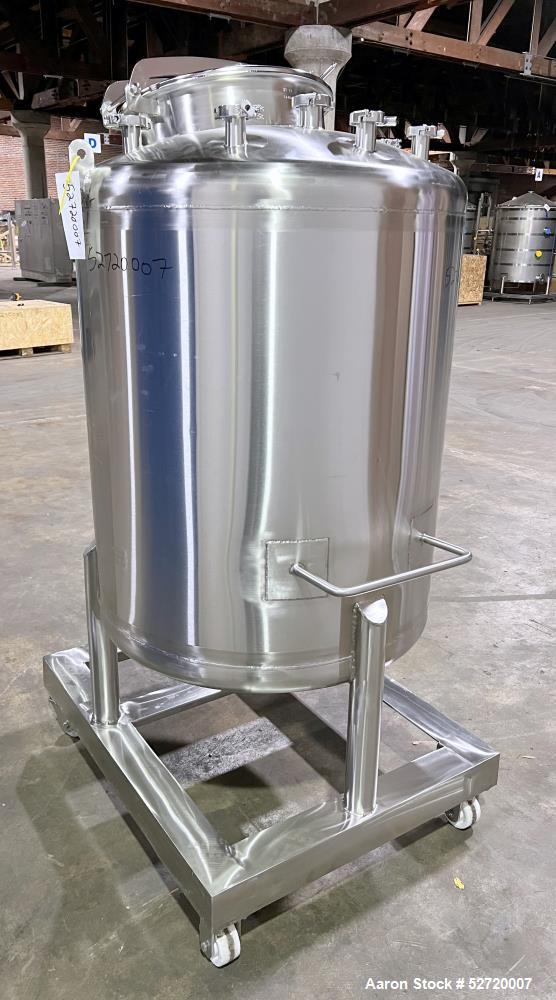 Used Custom Metalcraft Portable Tank, Approximate 150 Gallon, Model 4A07079200, 316 Stainless Steel. Approximate 36" diameter x 36" straight side, dished top & bottom. 1-1/2" Center bottom outlet wit...