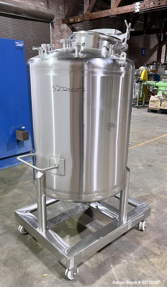 Used Custom Metalcraft Portable Tank, Approximate 150 Gallon, Model 4A07079200, 316 Stainless Steel. Approximate 36" diameter x 36" straight side, dished top & bottom. 1-1/2" Center bottom outlet wit...