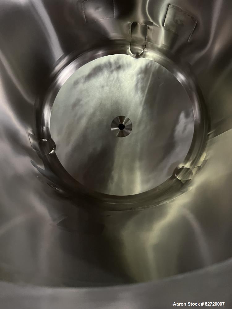 Used Custom Metalcraft Portable Tank, Approximate 150 Gallon, Model 4A07079200, 316 Stainless Steel. Approximate 36" diameter x 36" straight side, dished top & bottom. 1-1/2" Center bottom outlet wit...