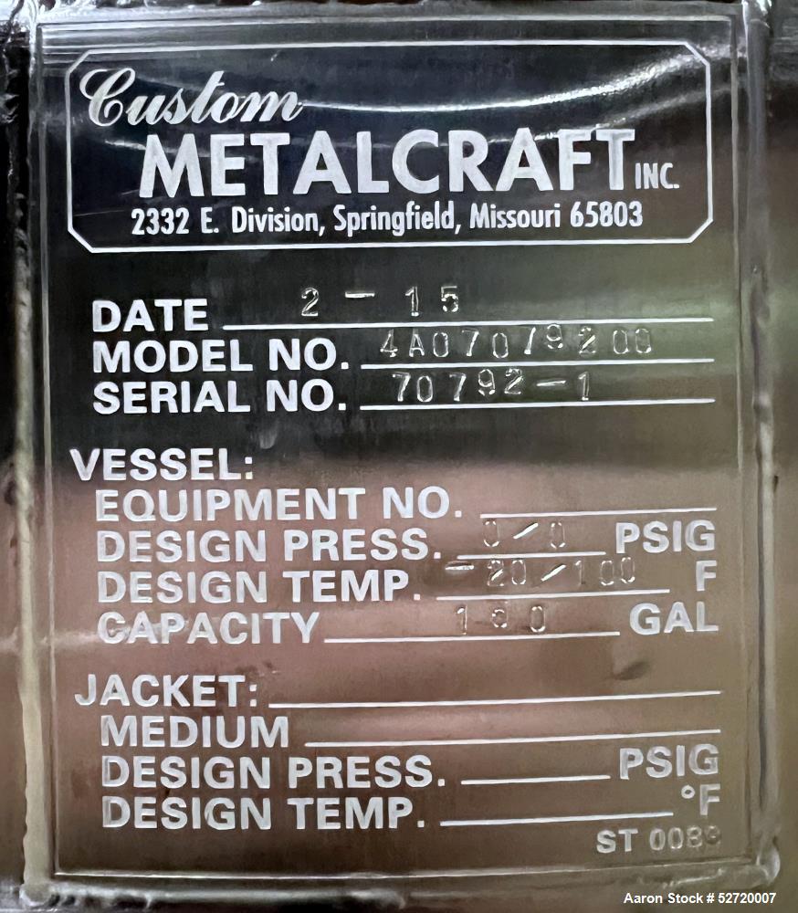 Used Custom Metalcraft Portable Tank, Approximate 150 Gallon, Model 4A07079200, 316 Stainless Steel. Approximate 36" diameter x 36" straight side, dished top & bottom. 1-1/2" Center bottom outlet wit...
