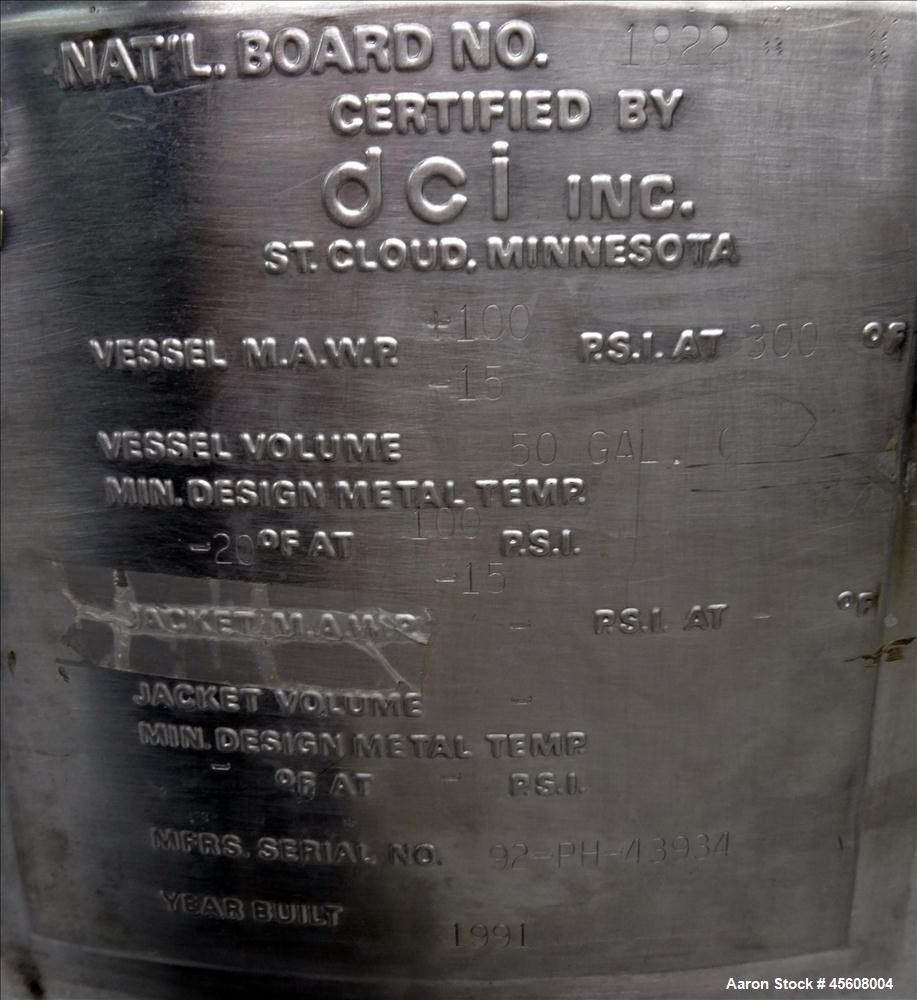 Used DCI Reactor, 50 Gallon, 316 Stainless Steel, Vertical.