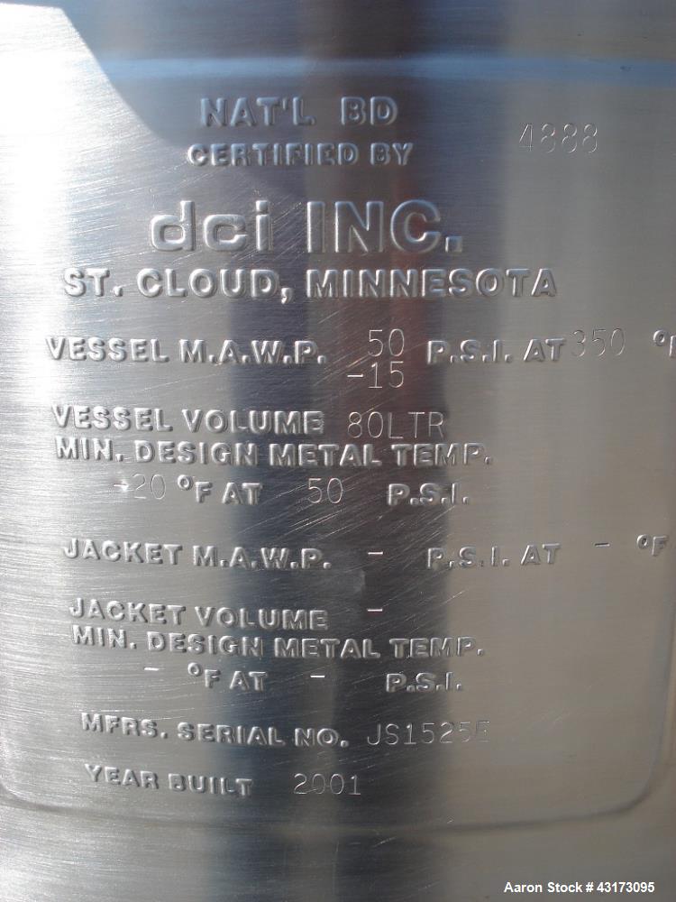 Used 80 Liter DCI receiver, 316L stainless steel construction, 24" diameter x 10" straight side, Rated 50/15 psig @ 350 degrees F internal, removable dished top and dished bottom, 1.5" drain, top has...