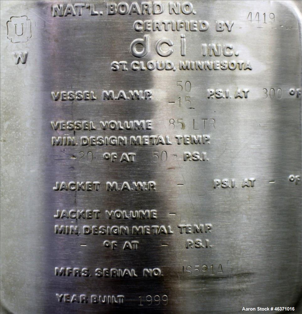Used DCI Pressure Tank, 22.5 Gallon (85 Liter), 316L Stainless Steel, Vertical. 18" Diameter x 17-3/4" straight side. Clamp down hinged dished top, dish bottom head. Internal rated 50/-15 psi at -20 ...