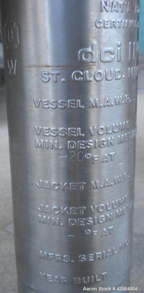 Used DCI WFI Storage Pressure Tank, 200 Gallon, 316L Stainless Steel, Vertical. 35-3/4’’ Diameter x 42" straight side, dished top and bottom. 240/EP Finished internal rated 45/-15 psi at –20 to 300 d...