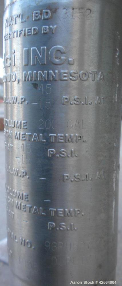 Used DCI WFI Storage Pressure Tank, 200 Gallon, 316L Stainless Steel, Vertical. 35-3/4’’ Diameter x 42" straight side, dished top and bottom. 240/EP Finished internal rated 45/-15 psi at –20 to 300 d...