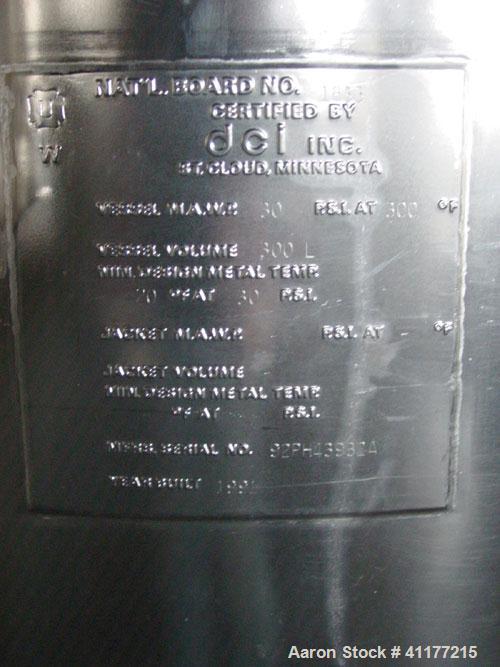 Used DCI Pressure Tank, 300 Liter (79 Gallon), 316L stainless steel, vertical. 29-3/4" diameter x 24" straight side, dished top and bottom. 240 grit with electro-polished internal rated 30 psi at 300...