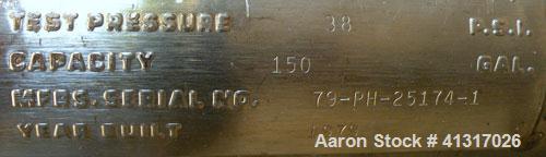 Used DCI Pressure Tank, 150 Gallon, 316L Stainless Steel, Vertical. 30" diameter x 44" straight side. Dish top and bottom. Internal rated 25 psi at 200 deg F. Openings: top  12" manway, no cover, (2)...