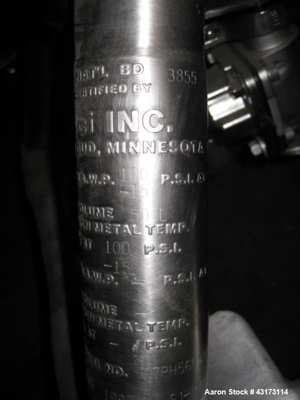 Used DCI Pressure Tank, 50 Liter. Stainless steel construction, 13" diameter x 21" straight side, removable dish top, dish bottom, rated 100 psig at 300 F internal, top has sight glass with (4) 1.5" ...