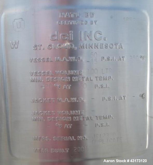 Used DCI receiver,100 liter, 316 stainless steel construction, approximately 18" diameter x 31" straight side, removable dish top, dish bottom, rated 50 psi and full vacuum at 350 f internal, 3", (2)...