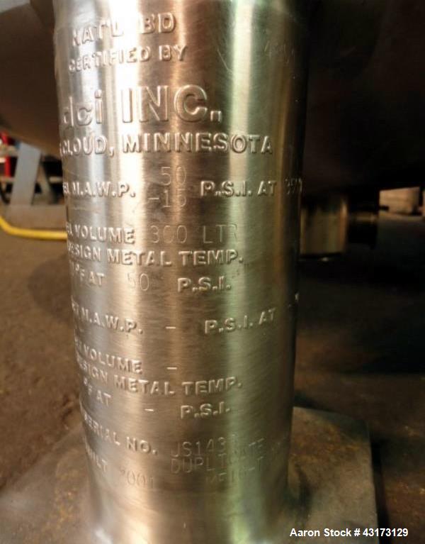 Used DCI Receiver, 300 Liter, 316 Stainless Steel. Approximately 30" diameter x 31" straight side, removable dish top, dish bottom, rated 50 psi and full vacuum at 350 f, 6", 4", (5)3", (4)2", 1.5" t...