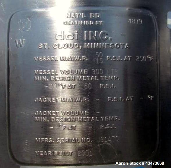 Used DCI Receiver, 300 Liter (79.2 Gallon). 316 Stainless steel construction, approximately 30" diameter x 25" straight side, removable dish top, dish bottom. Internal rated 50psi & Full Vacuum at 25...