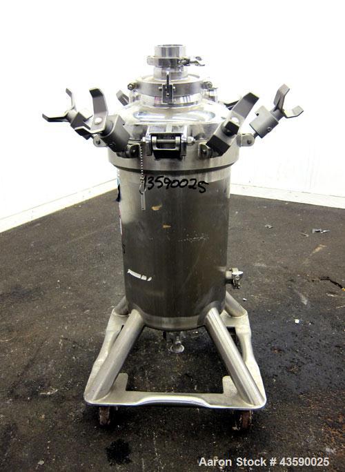 Used DCI Pressure Tank, 50 Liter (13.21 Gallon), 316L Stainless Steel, Vertical. Approximate 13” diameter x 21” straight side. Dished clamp on top, dished bottom. Internal rated 100/-15 psi at -20 to...