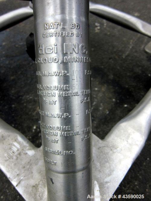 Used DCI Pressure Tank, 50 Liter (13.21 Gallon), 316L Stainless Steel, Vertical. Approximate 13” diameter x 21” straight side. Dished clamp on top, dished bottom. Internal rated 100/-15 psi at -20 to...