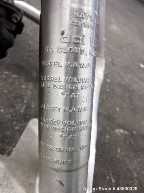 Used DCI Pressure Tank, 50 Liter (13.21 Gallon), 316L Stainless Steel, Vertical. Approximate 13” diameter x 21” straight side. Dished clamp on top, dished bottom. Internal rated 100/-15 psi at -20 to...