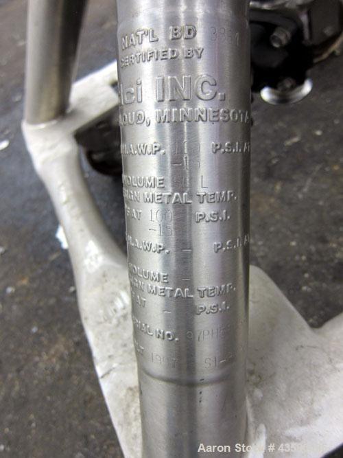 Used DCI Pressure Tank, 50 Liter (13.21 Gallon), 316L Stainless Steel, Vertical. Approximate 13” diameter x 21” straight side. Dished clamp on top, dished bottom. Internal rated 100/-15 psi at -20 to...