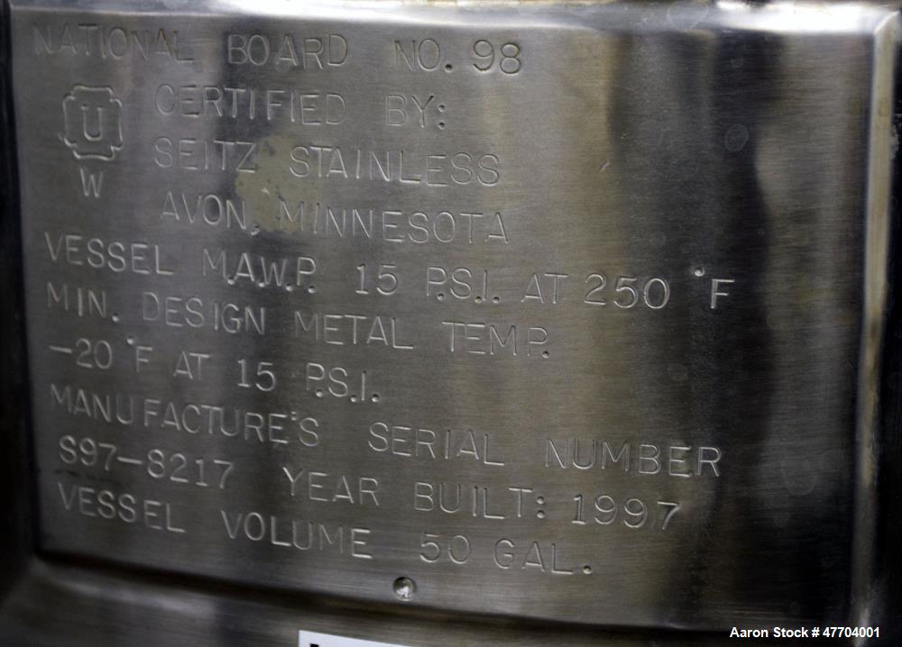 Used DCI Pressure Tank, 50 Gallon, 316L Stainless Steel, Vertical.