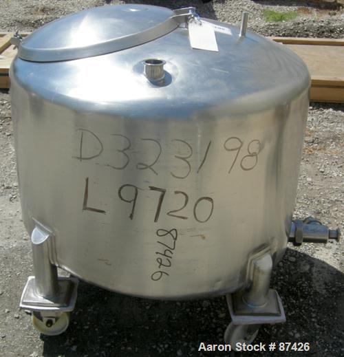 USED: DCI tank, 100 gallon, 316 stainless steel, vertical. 38" diameter x 20" straight side, dish top, inverted dished slope...