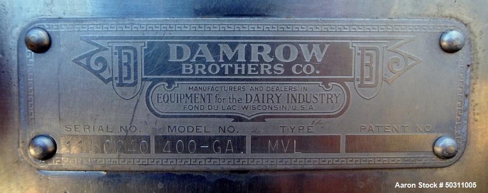 Used Damrow Brothers Pasteurizer Tank, Model 400-GA, Approximately 400 Gallon.