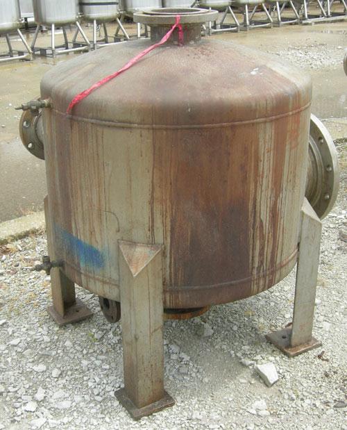 Used Designers Fabricators Tank, 100 Gallon, 304 Stainless Steel, Vertical. 36" diameter x 24" straight side, dished top and bottom. Openings: top 6"; side 12", 6"; 6" center bottom outlet. Mounted o...