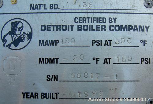 Used Detroit Boiler Company Pressure Tank, 200 gallon, 304L stainless steel, horizontal.30'' diameter x 58'' straight side, 2:1 elliptical heads. Internal rated 150 at 300 deg F and -20 deg F at 150 ...