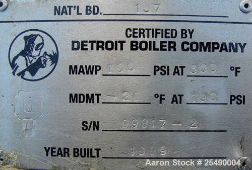 Used Detroit Boiler Company Pressure Tank, 200 gallon, 304L stainless steel, horizontal.30'' diameter x 58'' straight side, 2:1 elliptical heads. Internal rated 150 at 300 deg F and -20 deg F at 150 ...