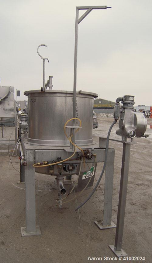 Used Stainless Products Pre-Mix Tank, 120 gallon, 316 stainless steel, vertical. 32" diameter x 36" straight side. Open top with a 2 piece cover, coned bottom. Bottom agitator with (3) squirrel cage ...
