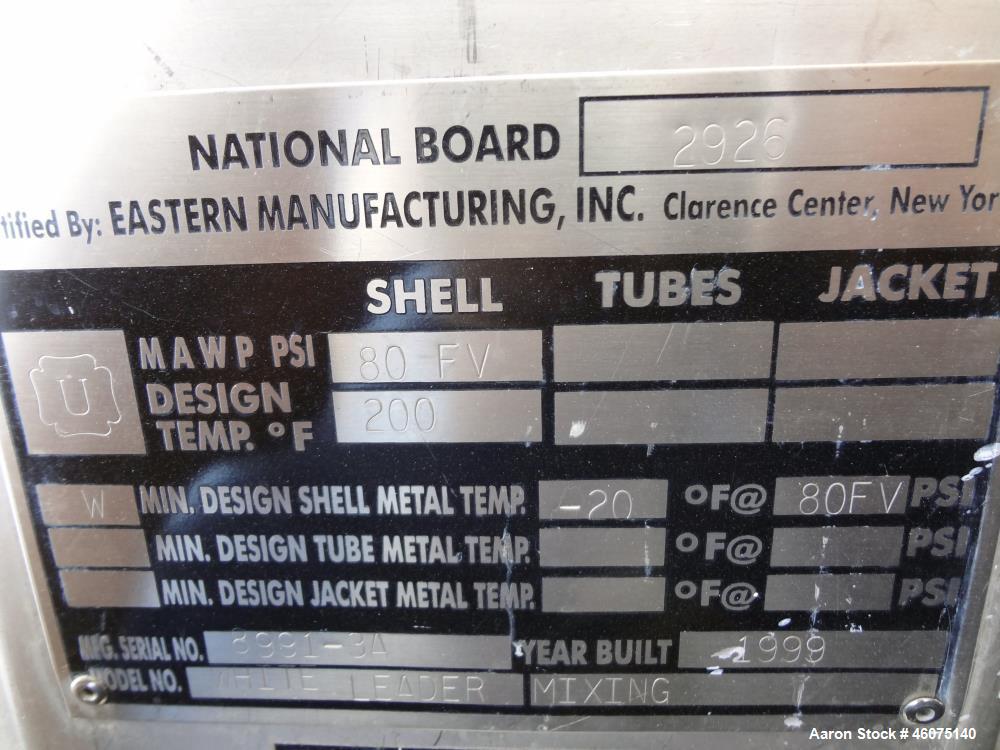 Used Eastern Manufacturing Pressure Tank, 275 Gallon, 316L Stainless Steel, Vertical. Approximate 48" diameter x 32" straight side, dished top & bottom. Internal rated 80 psi/Full Vacuum at -20 to 20...