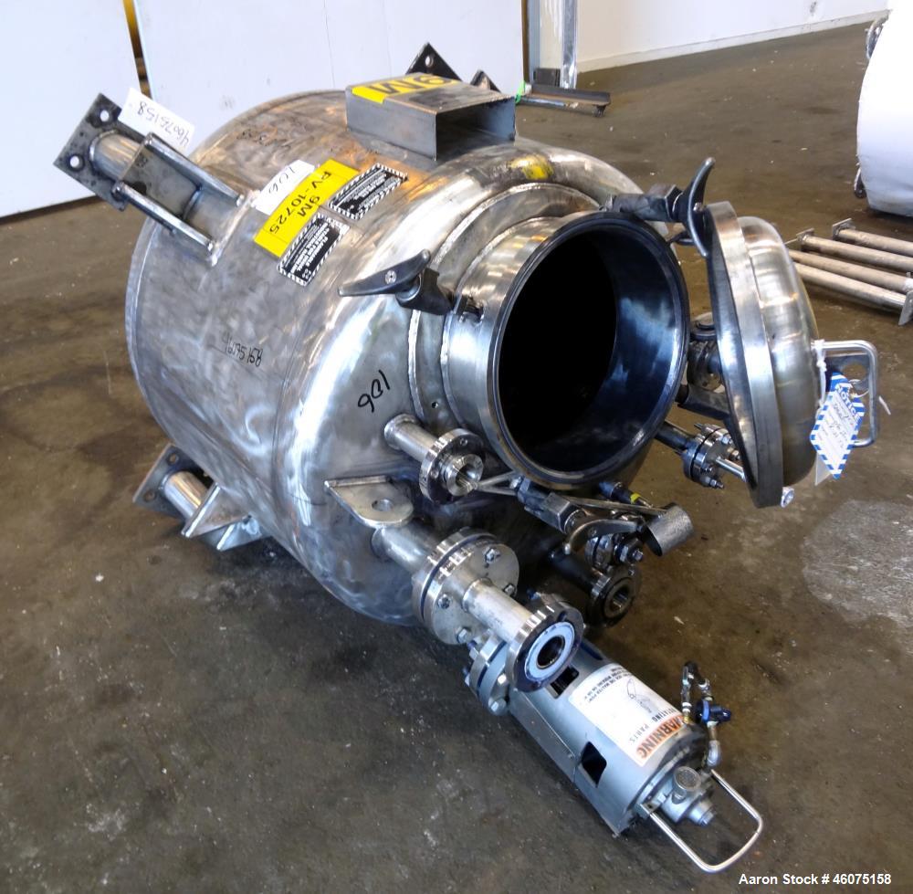Used Eastern Manufacturing Pressure Tank, 150 Gallon, 316L Stainless Steel, Vertical. Approximate 40" diameter x 24" straight side, dished top & bottom. Internal rated 80 psi/Full Vacuum at -20 to 20...