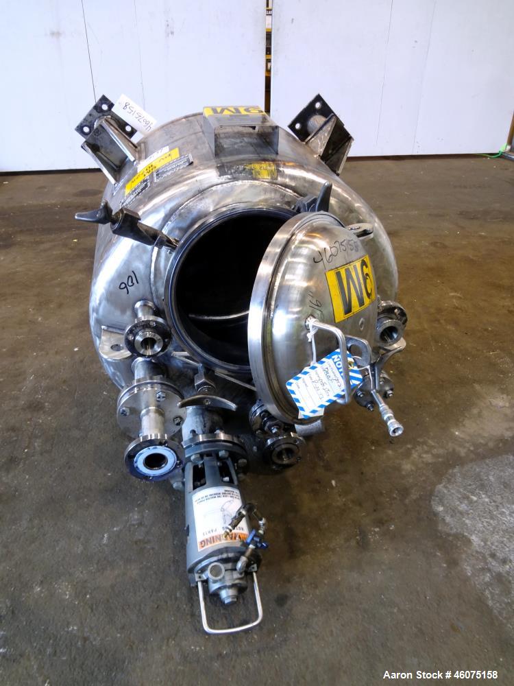 Used Eastern Manufacturing Pressure Tank, 150 Gallon, 316L Stainless Steel, Vertical. Approximate 40" diameter x 24" straight side, dished top & bottom. Internal rated 80 psi/Full Vacuum at -20 to 20...