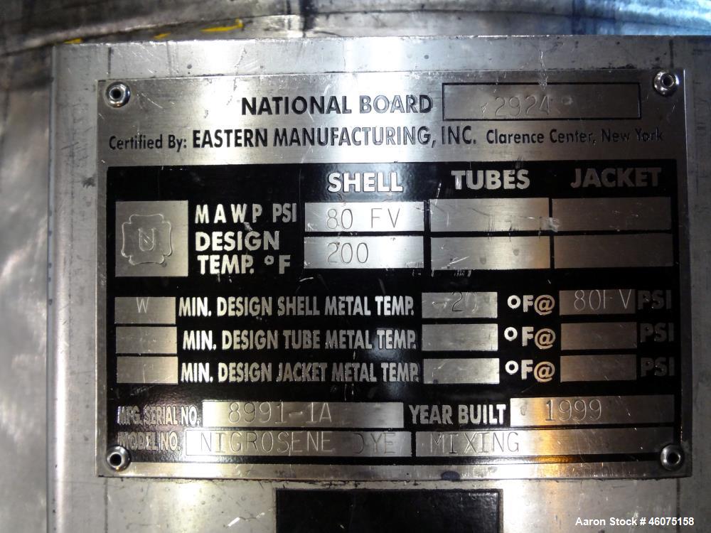 Used Eastern Manufacturing Pressure Tank, 150 Gallon, 316L Stainless Steel, Vertical. Approximate 40" diameter x 24" straight side, dished top & bottom. Internal rated 80 psi/Full Vacuum at -20 to 20...