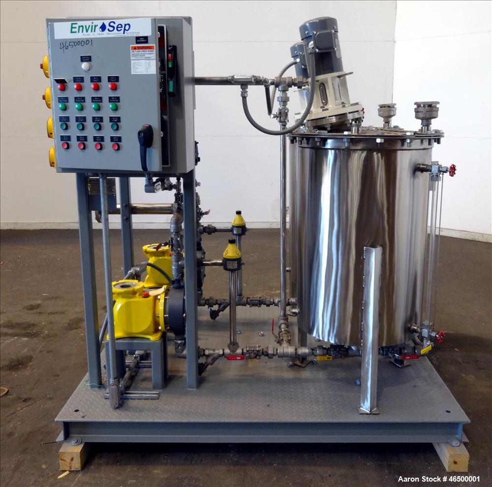 Used EnviroSep Packaged Mixing & Pumping System, Model 2S-MW-CF1. Consists of: (2) Tanks, each approximate 70 gallon, 304 stainless steel, vertical. 24" Diameter x 36" straight side, flat top with a ...