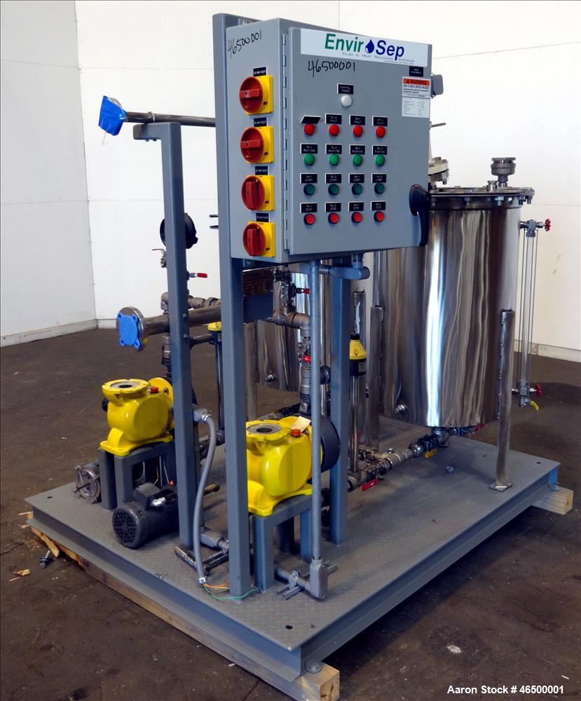 Used EnviroSep Packaged Mixing & Pumping System, Model 2S-MW-CF1. Consists of: (2) Tanks, each approximate 70 gallon, 304 stainless steel, vertical. 24" Diameter x 36" straight side, flat top with a ...