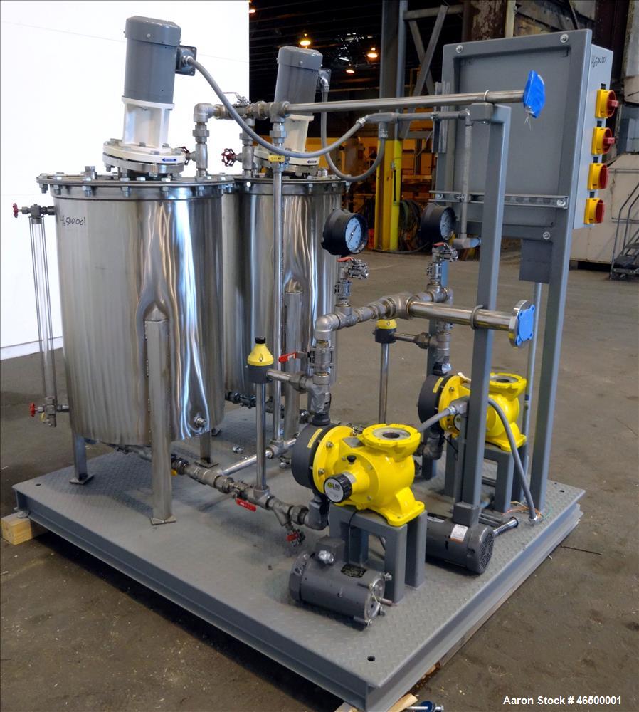 Used EnviroSep Packaged Mixing & Pumping System, Model 2S-MW-CF1. Consists of: (2) Tanks, each approximate 70 gallon, 304 stainless steel, vertical. 24" Diameter x 36" straight side, flat top with a ...