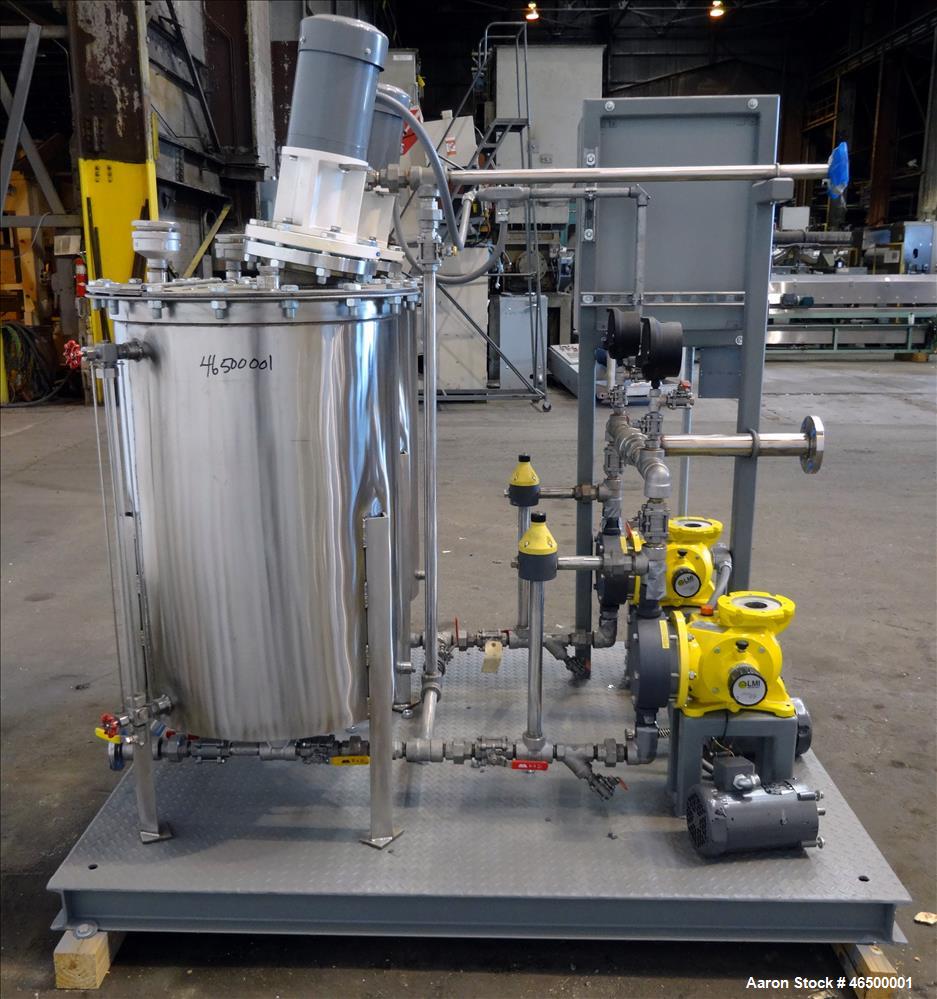 Used EnviroSep Packaged Mixing & Pumping System, Model 2S-MW-CF1. Consists of: (2) Tanks, each approximate 70 gallon, 304 stainless steel, vertical. 24" Diameter x 36" straight side, flat top with a ...
