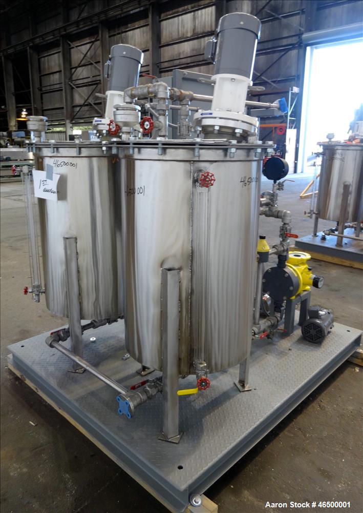 Used EnviroSep Packaged Mixing & Pumping System, Model 2S-MW-CF1. Consists of: (2) Tanks, each approximate 70 gallon, 304 stainless steel, vertical. 24" Diameter x 36" straight side, flat top with a ...