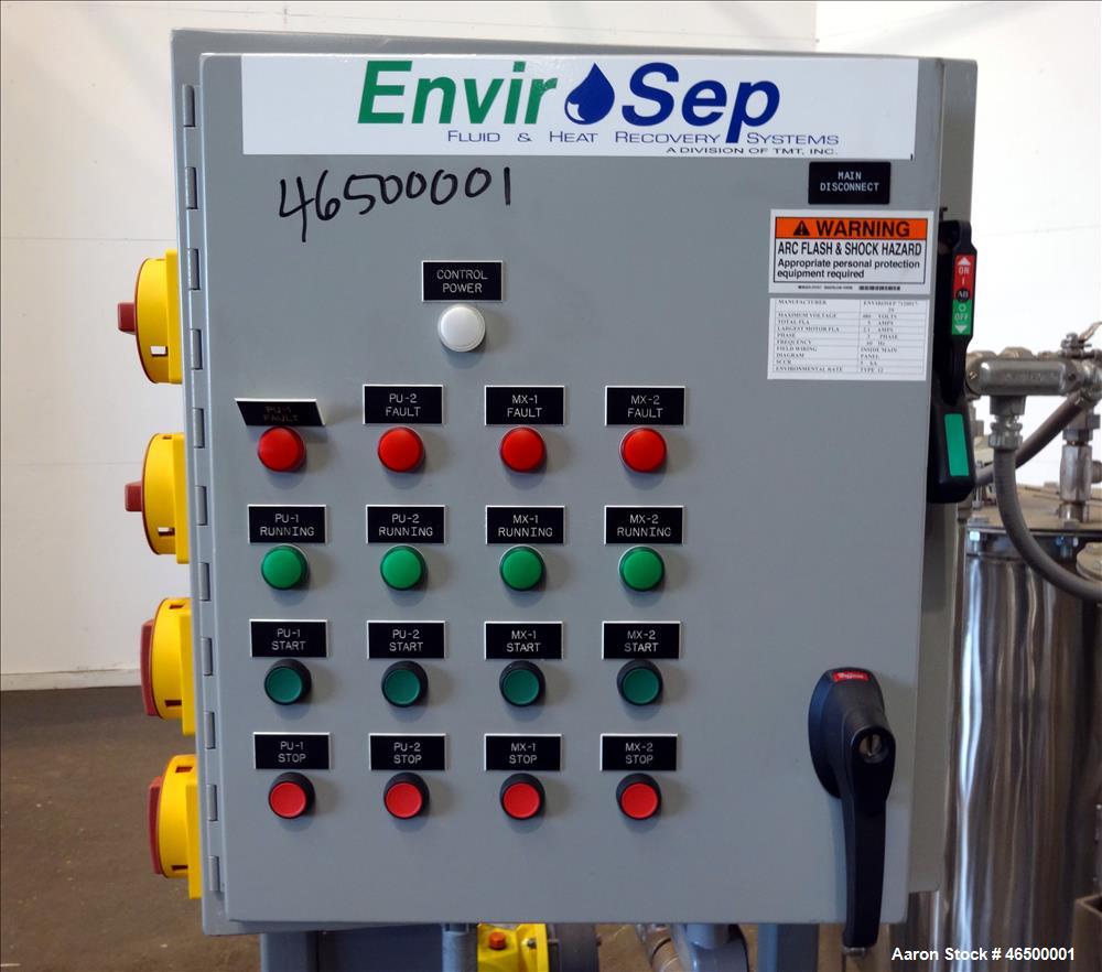 Used EnviroSep Packaged Mixing & Pumping System, Model 2S-MW-CF1. Consists of: (2) Tanks, each approximate 70 gallon, 304 stainless steel, vertical. 24" Diameter x 36" straight side, flat top with a ...