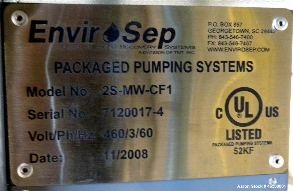 Used EnviroSep Packaged Mixing & Pumping System, Model 2S-MW-CF1. Consists of: (2) Tanks, each approximate 70 gallon, 304 stainless steel, vertical. 24" Diameter x 36" straight side, flat top with a ...