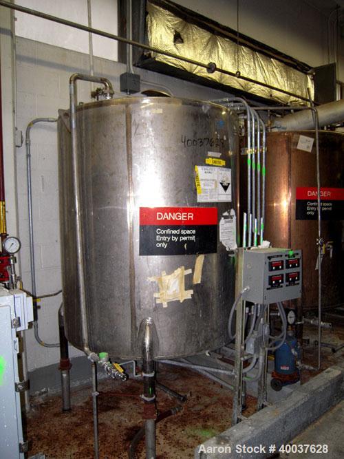 Used Ertel Tank, 580 Gallon, Stainless steel, Vertical. 53" diameter x 60" straight side, flat top, slight dished bottom. Openings top 17" manway, 2" NPT center bottom outlet. Mounted on 4 carbon ste...