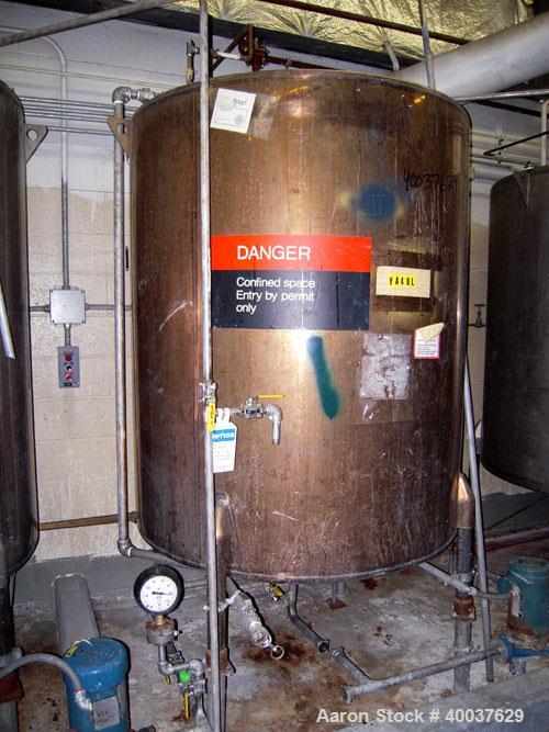 Used Ertel Tank, 580 Gallon, Stainless steel, Vertical. 53" diameter x 60" straight side, flat top, slight dished bottom. Openings top 17" manway, 2" NPT center bottom outlet. Mounted on 4 carbon ste...