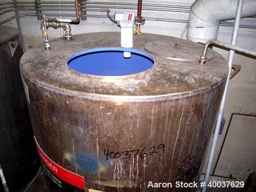 Used Ertel Tank, 580 Gallon, Stainless steel, Vertical. 53" diameter x 60" straight side, flat top, slight dished bottom. Openings top 17" manway, 2" NPT center bottom outlet. Mounted on 4 carbon ste...