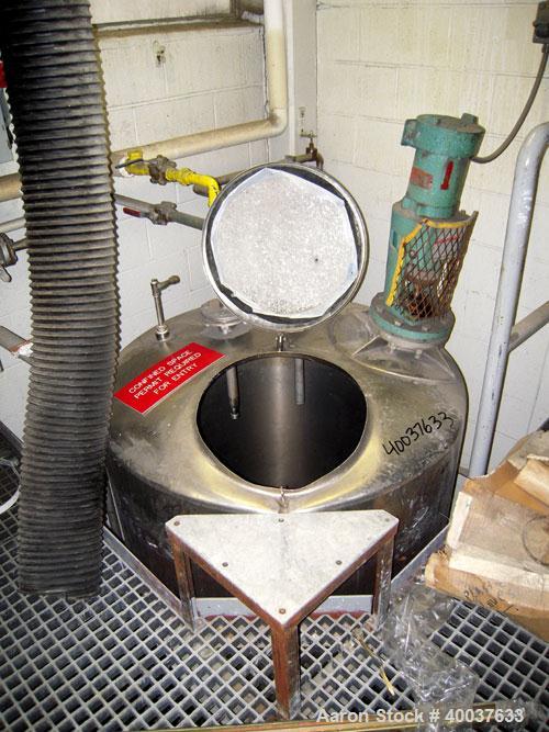 Used Ertel Tank, 300 Gallon, Stainless steel, Vertical. 44" diameter x 48" straight side, slight dished top, dished bottom. Off center top entering Lightnin agitator, model NG33G-33, 1" diameter shaf...