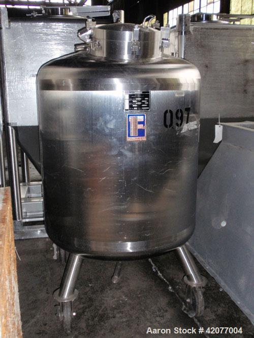 Used Feldmeier Pressure Tank, 250 Gallon, 316 Stainless Steel, Vertical. 42’’ diameter x 36’’ straight side, dished top and bottom. Internal rated 75psi/FV at 300 deg.f.. Openings top 1-1/2’’, (2) 2’...
