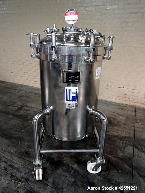 Used Feldmeier Receiver Tank, 60 Gallon, Stainless Steel. 24" Diameter x 30" straight side. Hinged dished top with assist, dished bottom. Internal rated 50 psi at 300 degrees F. Bottom mounted magnet...