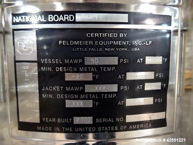 Used Feldmeier Receiver Tank, 60 Gallon, Stainless Steel. 24" Diameter x 30" straight side. Hinged dished top with assist, dished bottom. Internal rated 50 psi at 300 degrees F. Bottom mounted magnet...