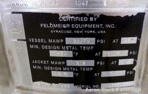 Used Feldmeier Pressure Tank, 40 Gallon, 316L Stainless Steel, Vertical. Approximately 22” diameter x 25” straight side, slight dished clamp-on top, dished bottom.  Internal rated 30/full vacuum at -...