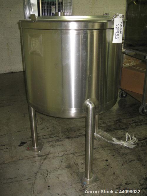 Used Feldmeier tank, 70 gallon, stainless steel construction, 30" diameter X 24" straight side, (1) 2" top NPT nozzle, 1" center bottom outlet, on stainless steel legs, serial # E-715-05
