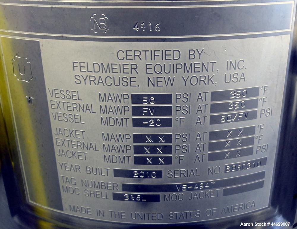 Used Feldmeier Pressure Tank, 13 Gallon (50 Liter), 316L Stainless Steel, Vertical. 12” Diameter x 28” straight side, clamp on slight dished top, dished bottom. Internal rated 50 psi/Full Vacuum at -...