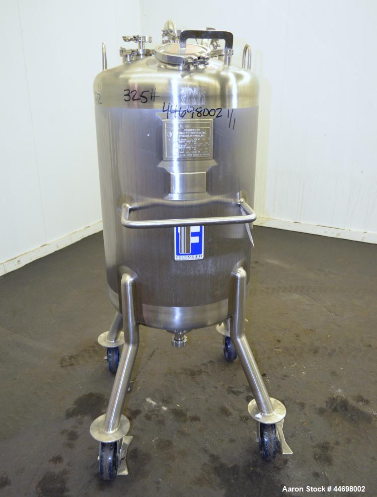 Used Feldmeier Pressure Tank, 200 liter (52.8 gallon), 316 L stainless steel, vertical. Approximately 24" diameter x 30" straight side, dished top and bottom.  Internal rated 50 psi/full vacuum at -2...