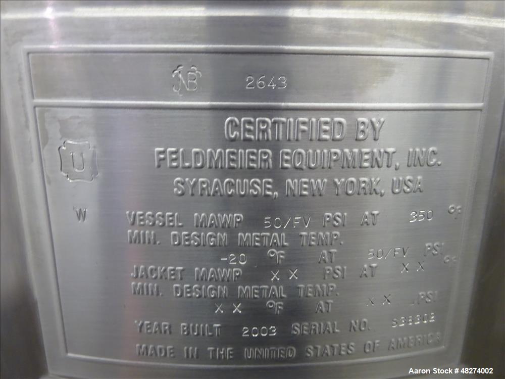 Used Feldmeier Pressure Tank, 200 Liter (52.88 Gallon), 316L Stainless Steel, V